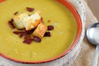 Hearty Split Pea Soup with Crispy Bacon and Parmesan Croutons