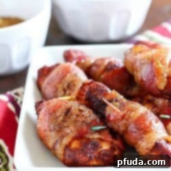 Sweet & Savory Brown Sugar Bacon Wrapped Chicken 2 Brown Sugar Bacon Wrapped Chicken is one of my favorite dinners! Making this again tonight! You roll the chicken in spices and then wrap in bacon. Then roll in brown sugar and bake. SO easy, tender, juicy & flavorful. My family loves this chicken dinner! AD