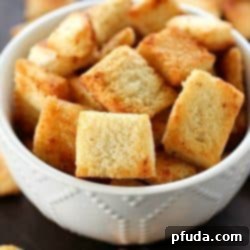 Crispy Homemade Garlic Parmesan Croutons 2 Garlic Parmesan Homemade Croutons are easy to make and cheaper than the store-bought kind! Tons of garlic parmesan flavor make these homemade croutons out of this world!!