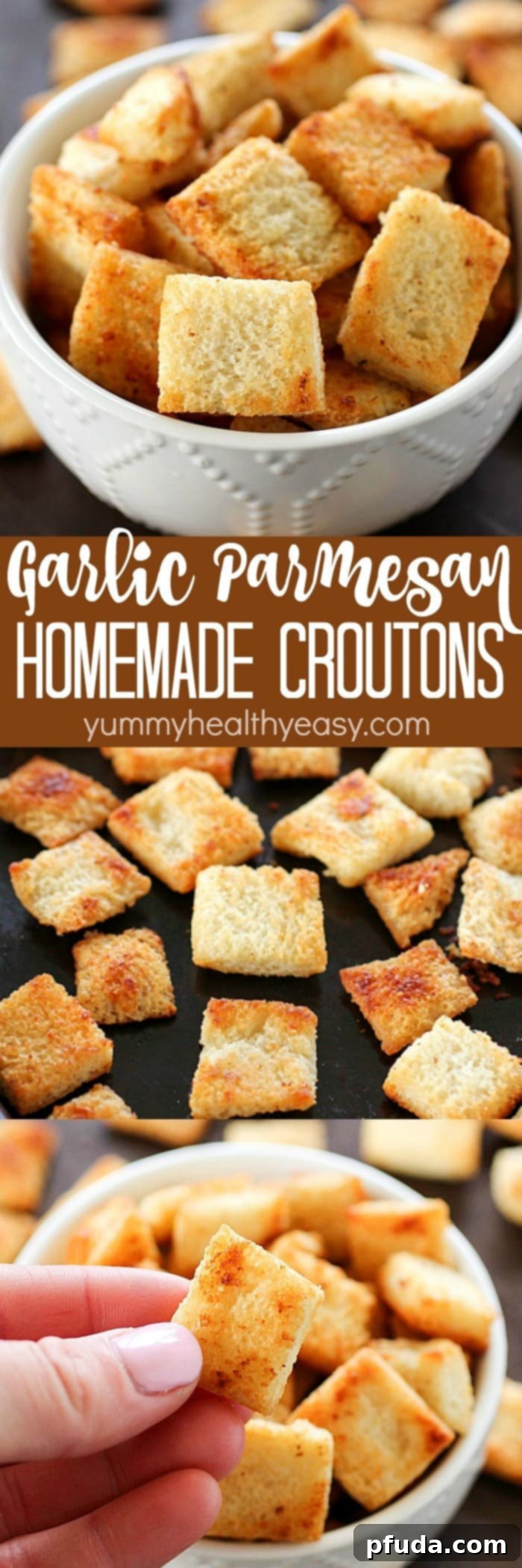Crispy Homemade Garlic Parmesan Croutons 3 A large pile of homemade garlic parmesan croutons, emphasizing their abundance and deliciousness.