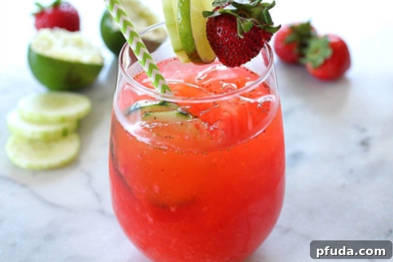 Overhead shot of two glasses of homemade strawberry limeade, garnished with fresh strawberries, lime slices, and cucumber, ready to be enjoyed as a refreshing summer drink.