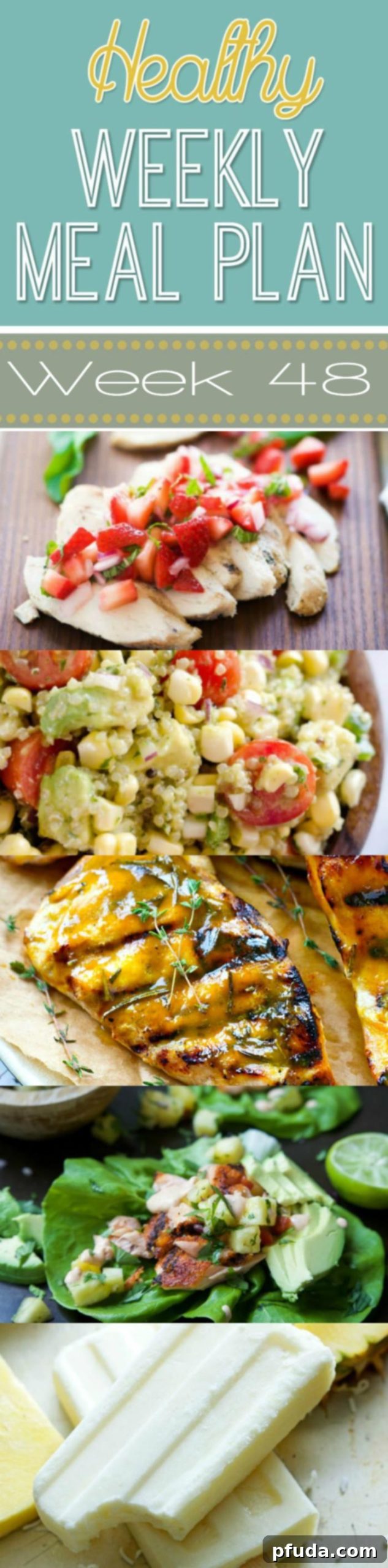Week 50 Healthy Meal Plan 2 A vibrant collage of healthy meal plan dishes including a summer berry salad, grilled chicken with strawberry mint salsa, and southwestern salmon lettuce tacos, highlighting seasonal flavors for a nutritious week.