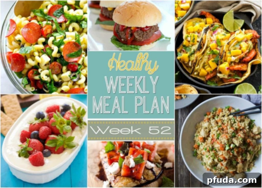 Check out this weeks Healthy Weekly Meal Plan #52! We're high-fiving on our ONE YEAR celebration of sharing yummy meal plans - woohoo! I hope you enjoy this one! So many great dinners plus a breakfast, lunch, side dish, snack & dessert recipe too!
