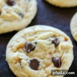 A perfectly golden brown Vanilla Pudding Chocolate Chip Cookie.