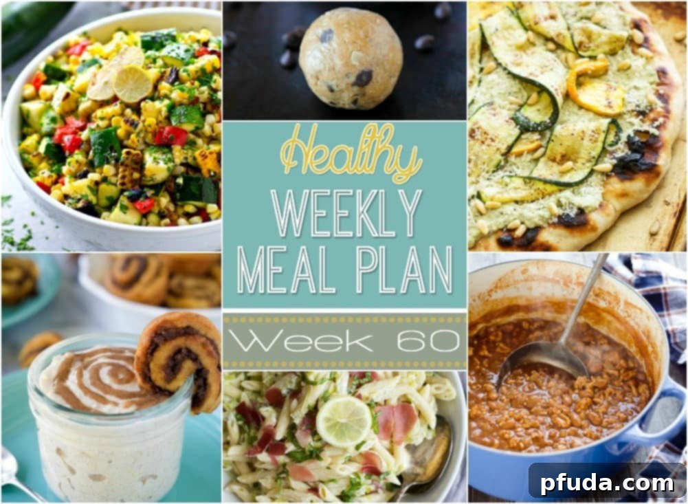 Healthy Weekly Meal Plan #60 includes a healthy dinner recipe for every night of the week plus a healthy breakfast, lunch, snack, side dish and dessert recipe for you as well. Every recipe in our weekly meal plan is delicious and sure to be hit on your dinner table!