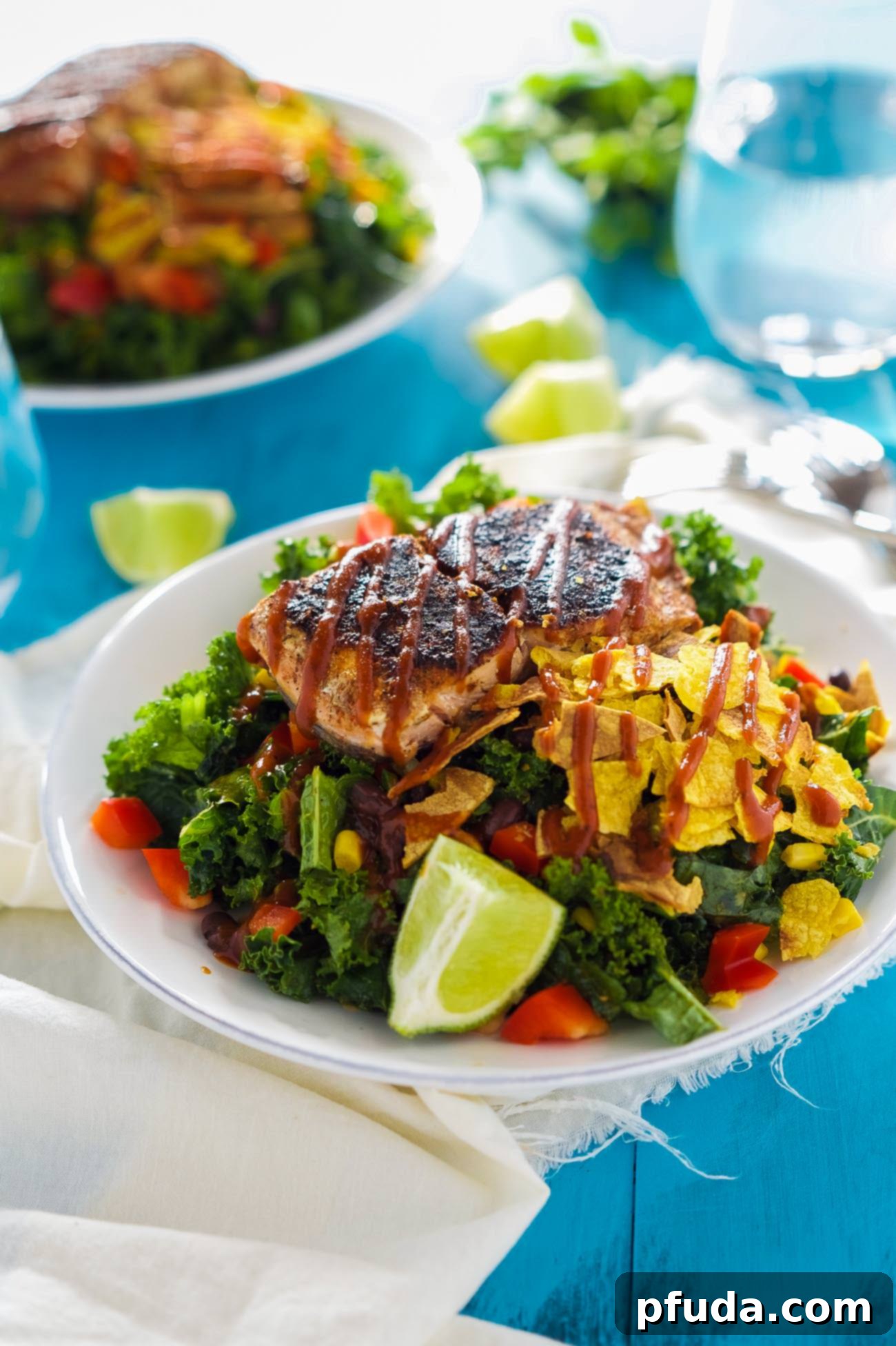 Healthy Weekly Meal Plan 66 9 BBQ Salmon Kale Salad with Honey Chipotle Vinaigrette - bold flavors, crunchy kale, crispy vegetables, and healthy salmon