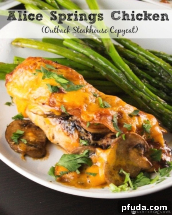 Juicy Alice Springs Chicken, an Outback Steakhouse copycat with mushrooms, bacon, cheese, and honey mustard.