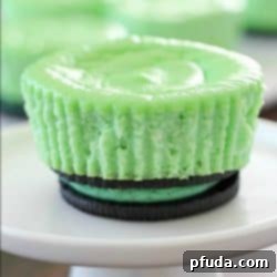 Skinny Mini Mint Cheesecakes with an Oreo crust! This lighter mint cheesecake recipe is super easy to make and you only need a few ingredients to whip up a batch. These cute cheesecakes have less calories than a regular cheesecake plus built-in portion control with the muffin size!