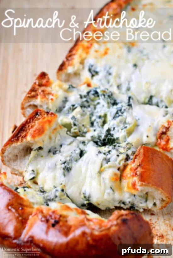 Spinach Artichoke Stuffed Cheese Bread - a delightful pull-apart bread loaded with creamy spinach and artichoke, perfect for game day snacking.