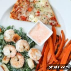 Baked Sweet Potato Fries and Shrimp Kale Caesar Salad