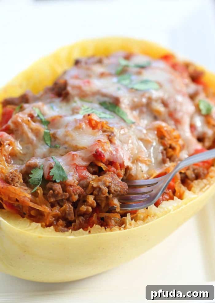 Easy, Healthy & Low Carb Taco Stuffed Spaghetti Squash Recipe! Family-friendly dinner idea.