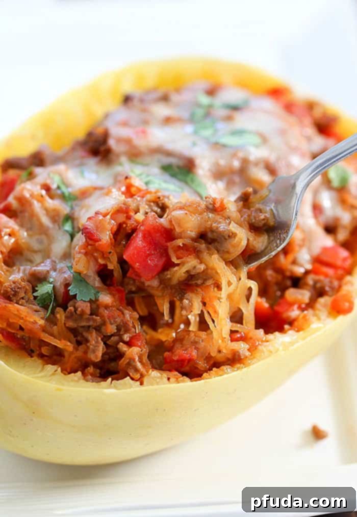 Deliciously Low Carb Taco Stuffed Spaghetti Squash! A satisfying and easy dinner.