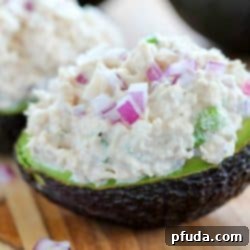 Crunchy Keto Tuna Salad Stuffed Avocados - a healthy low-carb meal