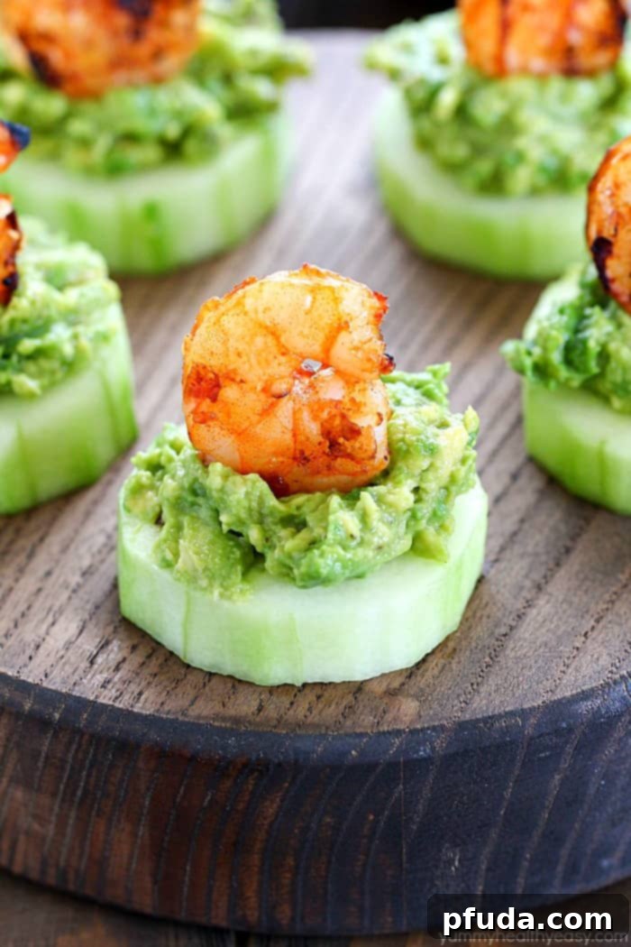 Refreshing Low Carb Shrimp & Avocado Stacks 4 Need a quick & easy shareable appetizer? Make this Low Carb Avocado Shrimp Cucumber Appetizer! Little finger foods with cucumber, mashed avocado and topped with grilled spicy shrimp!