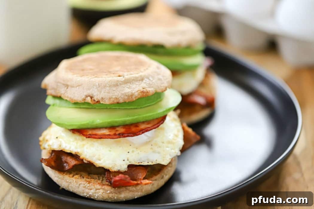 Indulge in the best Egg, Bacon, and Avocado Breakfast Sandwich for a power-packed start to your day. This wholesome breakfast recipe combines crispy bacon, a perfectly fried egg, and creamy California avocado, all nestled in a buttered whole wheat English muffin. It's a quick, easy, and satisfying meal!