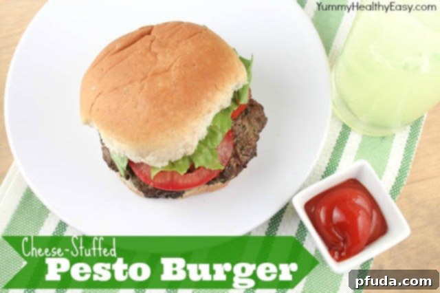 Pesto-Packed Cheese Melt Burger 2 Grilled Cheese-Stuffed Pesto Burger on a bun