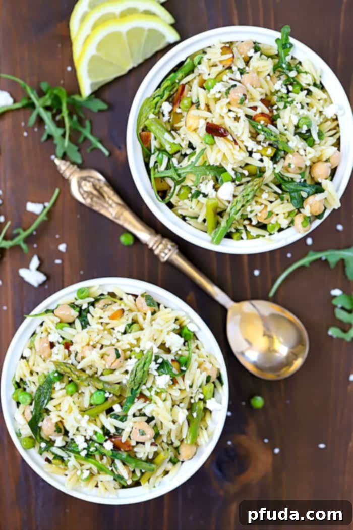 Top view of two bowls filled with Orzo Salad!