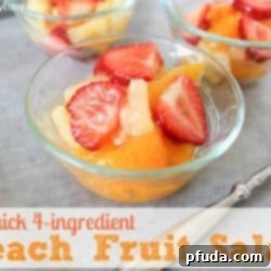 Simple 4-Ingredient Peach Fruit Salad 2 Quick Peach Fruit Salad ingredients assembled in a bowl, ready to be mixed.