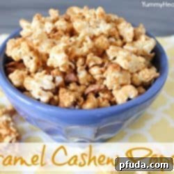 A bowl of freshly made caramel cashew popcorn