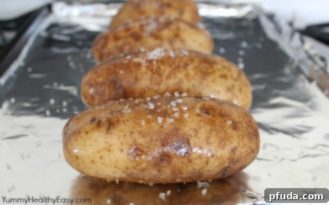 Potatoes pricked with a fork and rubbed with olive oil, ready for seasoning.