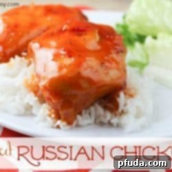 Baked Russian Chicken in a white dish, ready to serve.