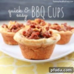 A top-down view of cooked BBQ cups in a muffin tin, garnished with fresh parsley.