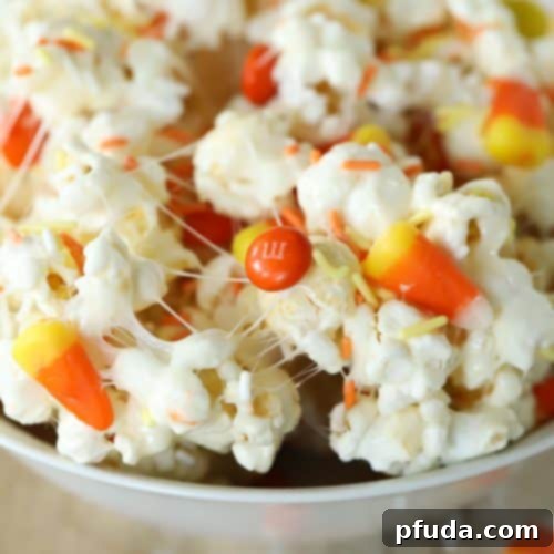 No Bake Candy Corn Popcorn Clusters 6 Bowl full of Popcorn Treats with Candy Corns