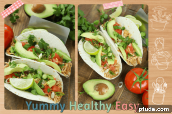 Side by side photos of two taco shells filled with slow cooker taco chicken and topped with avocado, tomato and green onions.