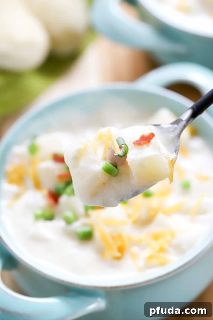 A close-up shot of a spoon scooping creamy cheesy potato soup from a bowl, showcasing its rich texture and delicious appeal.