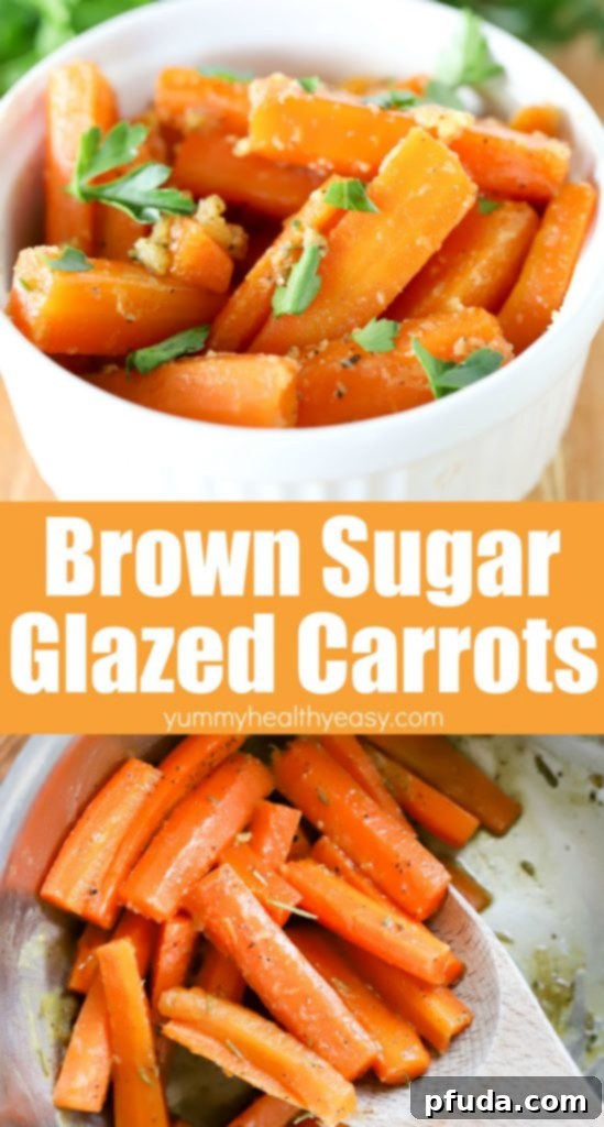 Pinterest pin showing a collage of brown sugar glazed carrots images, with recipe title text.