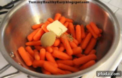 Step-by-step instruction: Carrots, butter, brown sugar, and rosemary are placed in a pan, ready for cooking.