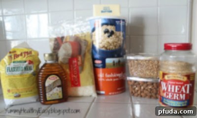 Raw ingredients for homemade granola including oats, almonds, coconut, sunflower seeds, flaxseed, wheat germ, butter, and honey