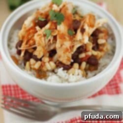 Top-down view of a Crock Pot Chicken Taco Bowl with rice and toppings