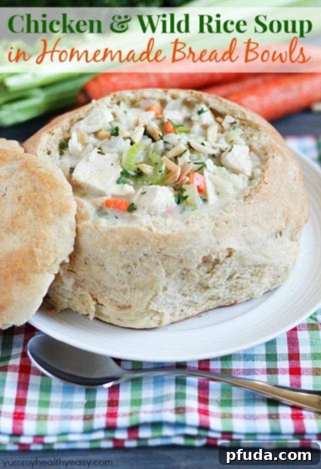 Chicken & Wild Rice Soup in Homemade Bread Bowls