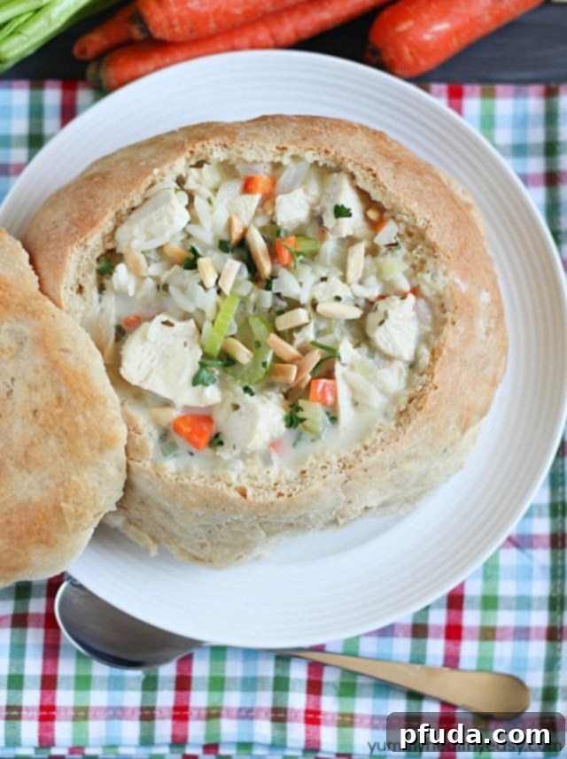 Chicken & Wild Rice Soup in Homemade Bread Bowls