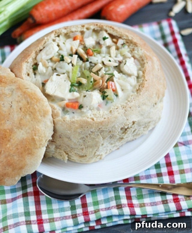 Chicken & Wild Rice Soup in Homemade Bread Bowls