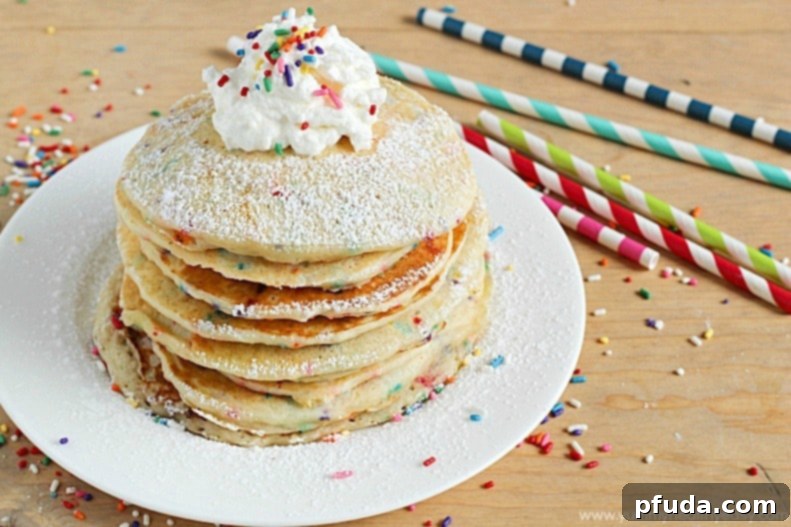 A close-up shot of a single Funfetti Pancake, showing its texture and sprinkles.