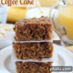 Golden Oat Coffee Crumble 2 A perfectly baked square of Oatmeal Coffee Cake with a delicious streusel topping, presented on a white plate.