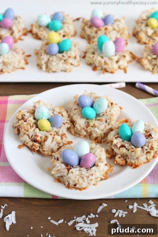 Delicious little nests made out of macaroon cookies and then topped with M&M Easter egg candies. Perfect for spring! Delicious little nests made out of macaroon cookies and then topped with M&M Easter egg candies. Perfect for spring!