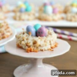 Charming Easter Macaron Nests 2 Delicious little nests made out of macaroon cookies and then topped with M&M Easter egg candies. Perfect for spring!