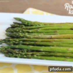 Close-up of Best Ever Roasted Asparagus, highlighting its crispy texture.