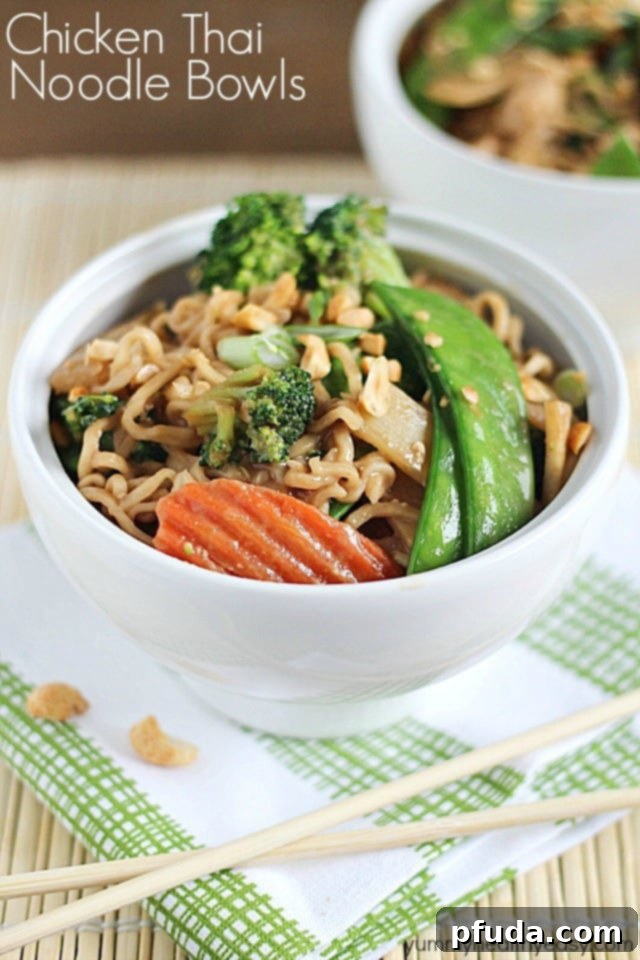 A new spin on ramen noodles - Chicken Thai Noodle Bowls! Ramen noodles and stir-fry veggies tossed in a quick & easy peanut sauce and topped with chopped peanuts and green onions. Delicious!