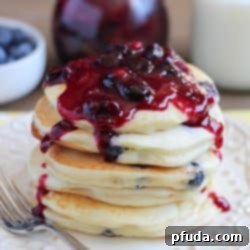 A charming image of fluffy blueberry pancakes with homemade syrup, ready to be served.