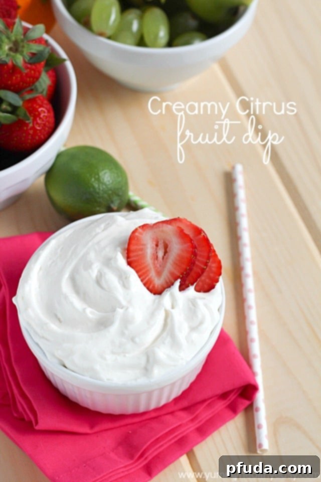 Creamy fruit dip with a touch of three different citrus fruits to give it the best flavor - light, fluffy and perfect for dipping fruit in!