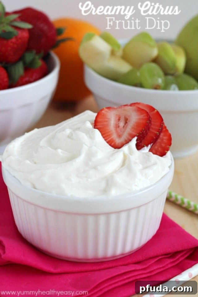 Overhead shot of creamy citrus fruit dip in a bowl with various fruits