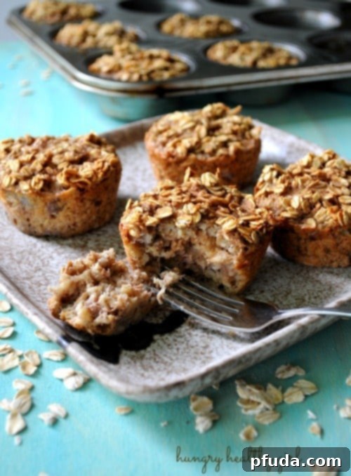 Baked Banana Oatmeal Muffins by HungryHealthyGirl.com, a hearty and healthy muffin
