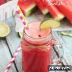Easy Watermelon Peach Cooler - a delicious drink made from ripe peaches and watermelon then mixed with lemon-lime soda. Refreshing, healthy and easy!