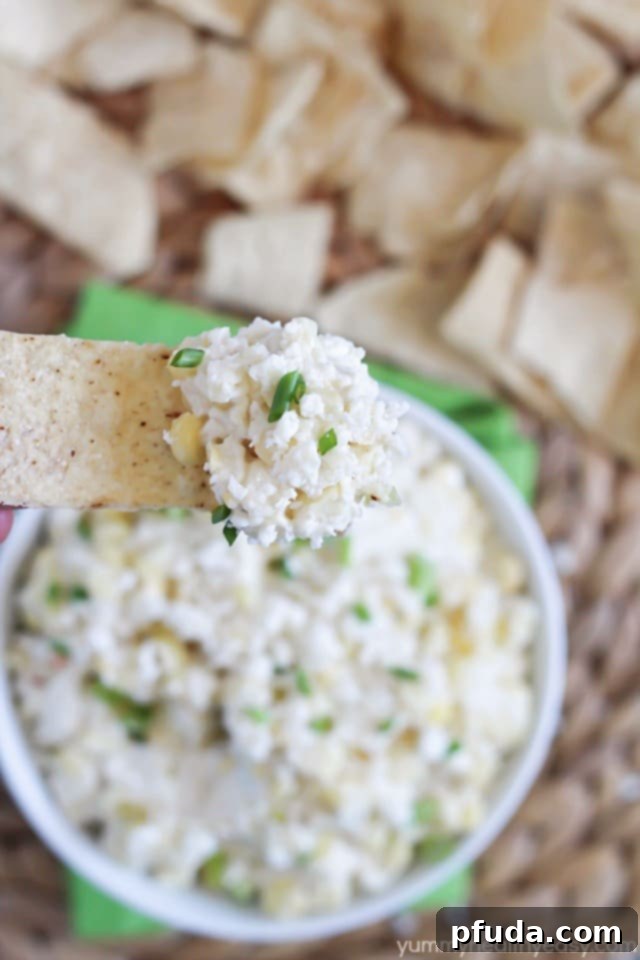 Cheesy Corn Dip - flavorful and creamy dip made from grilled corn and Real California Cotija cheese. Best dip recipe for summer! A close-up of Cheesy Corn Dip – a luscious and vibrant dip with grilled corn and Real California Cotija cheese, ideal for summer entertaining.