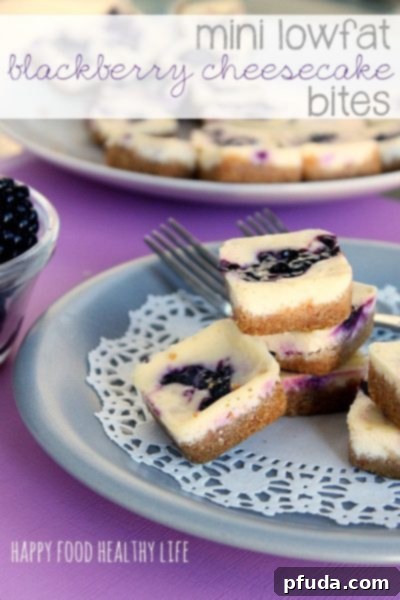 Mini Low-Fat Blackberry Cheesecake Bites, a healthier individual cheesecake dessert