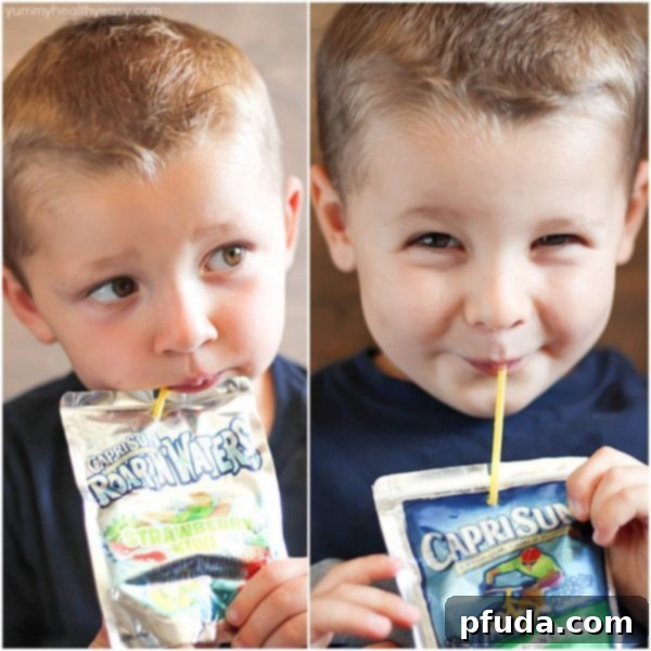 Two happy children enjoying their favorite Capri Sun juice drinks, highlighting the refreshing appeal for kids during summer.